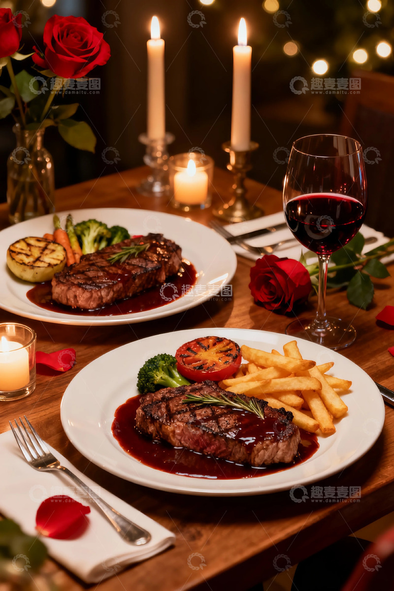 高清大图下载【趣麦麦图】浪漫晚餐牛排红酒美食摄影