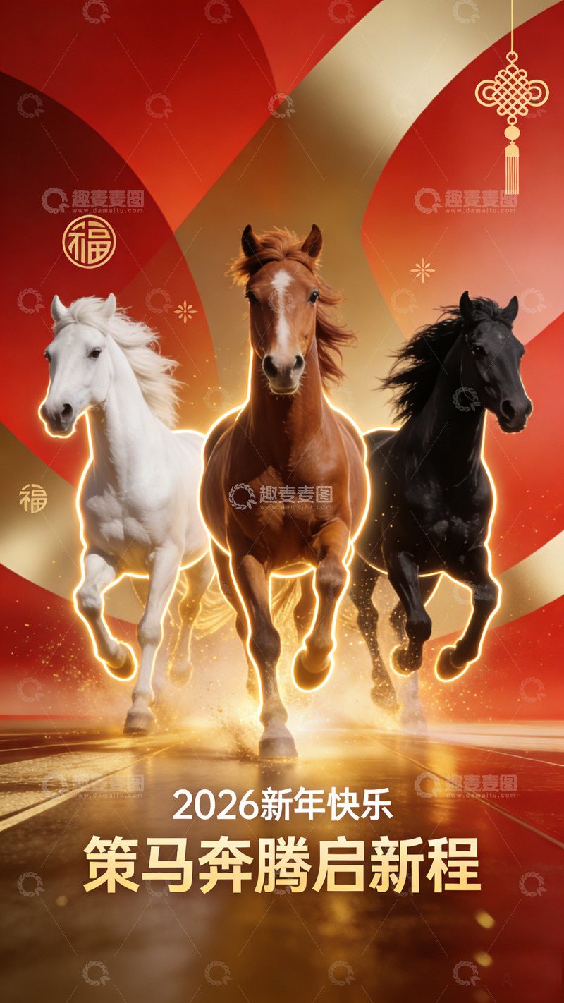 高清大图下载【趣麦麦图】新年马踏新春海报设计