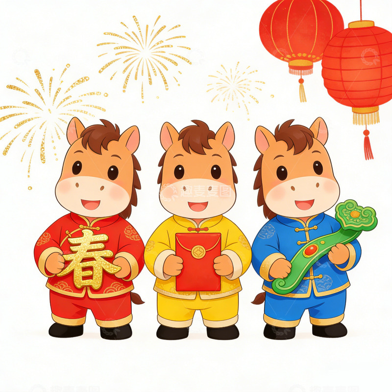 高清大图下载【趣麦麦图】卡通马年新春贺图设计素材