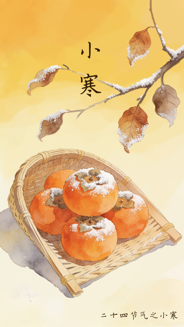 二十四节气小寒水彩中式手绘海报