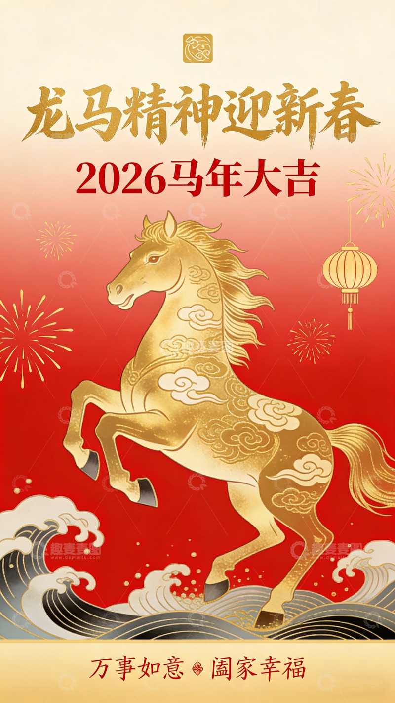 高清大图下载【趣麦麦图】龙马精神迎新春海报设计