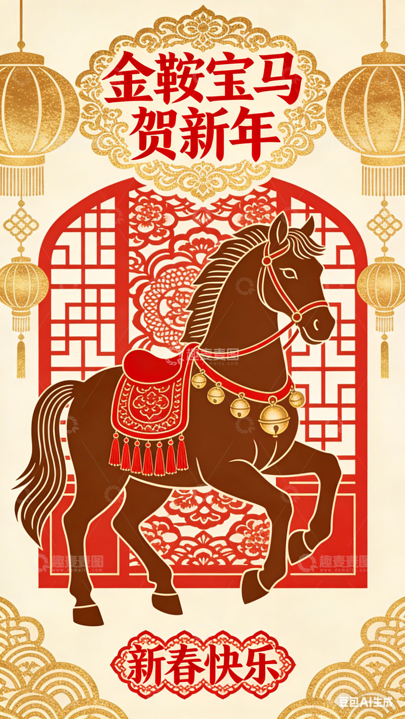 高清大图下载【趣麦麦图】金鞍宝马新春喜庆海报设计