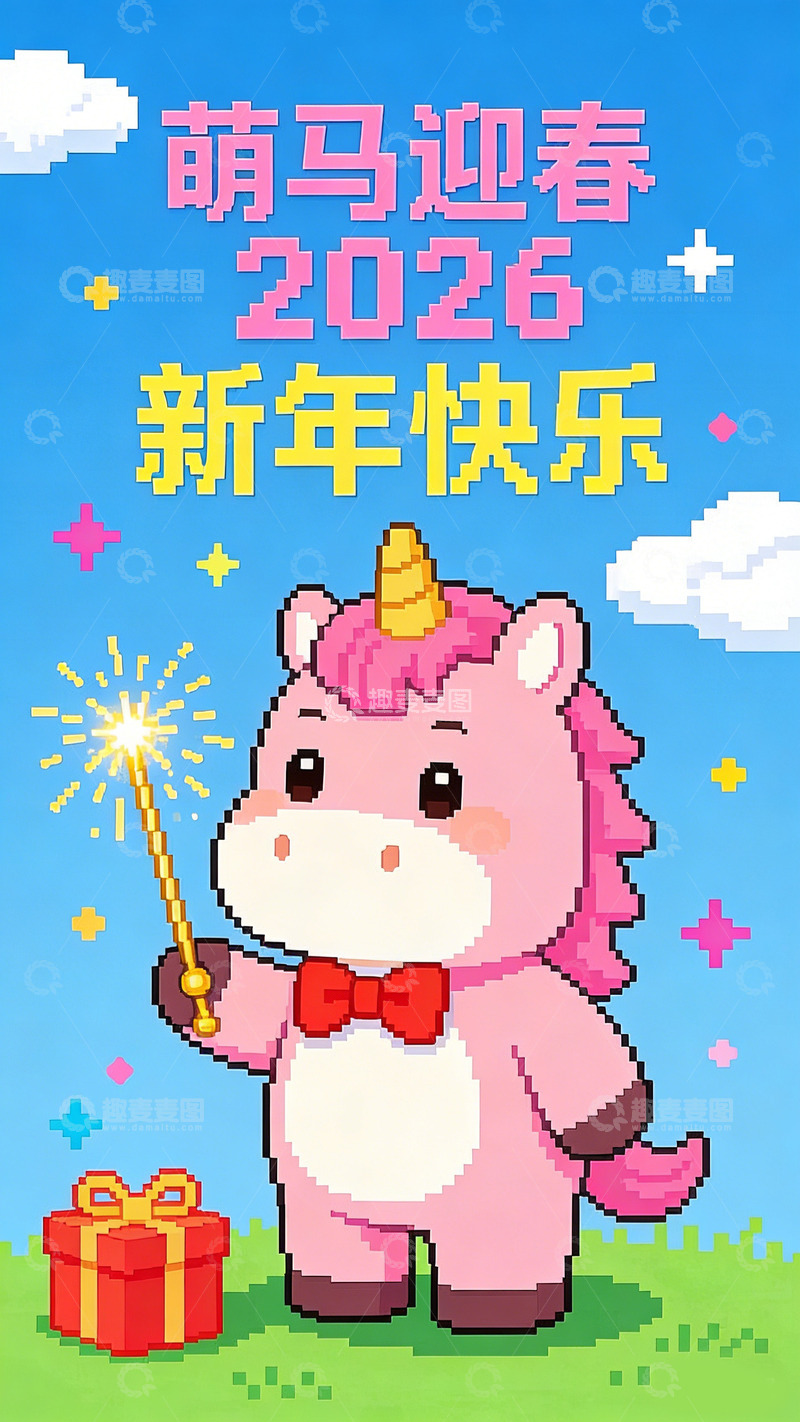 高清大图下载【趣麦麦图】像素风萌马迎春新年祝福插画