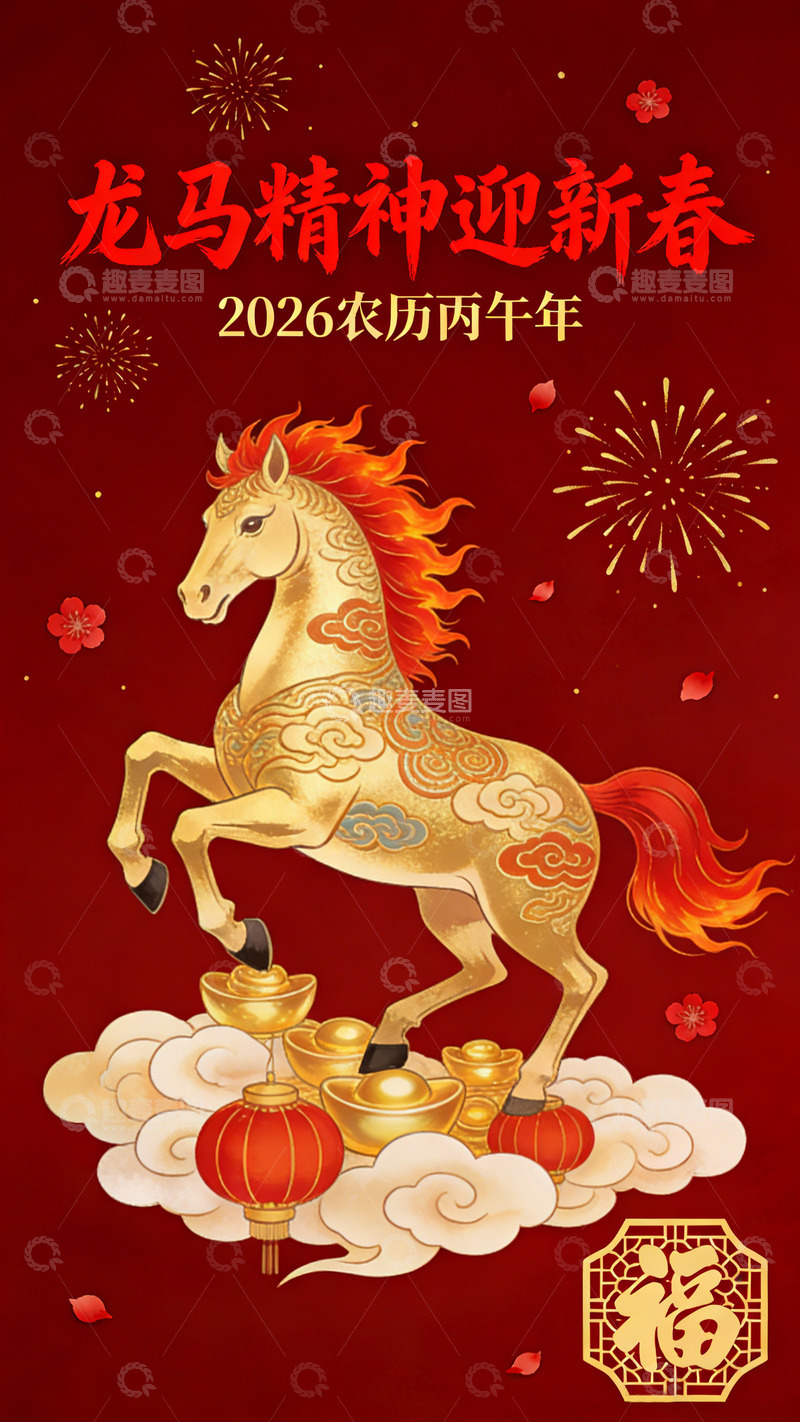 高清大图下载【趣麦麦图】龙马精神新春祝福海报