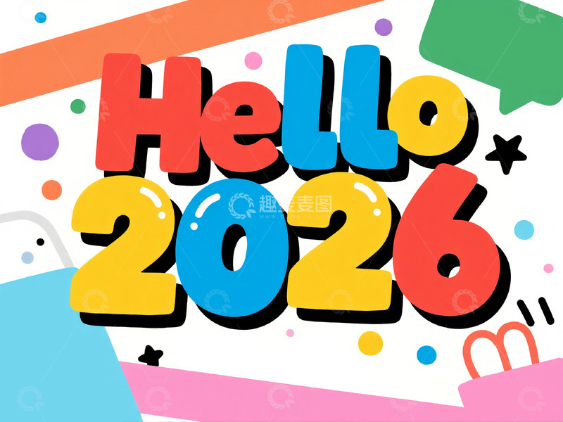 高清大图下载【趣麦麦图】多彩Hello2026新年祝福艺术字