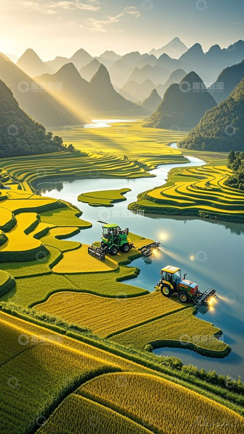 高清大图下载【趣麦麦图】田园风光拖拉机收割稻谷