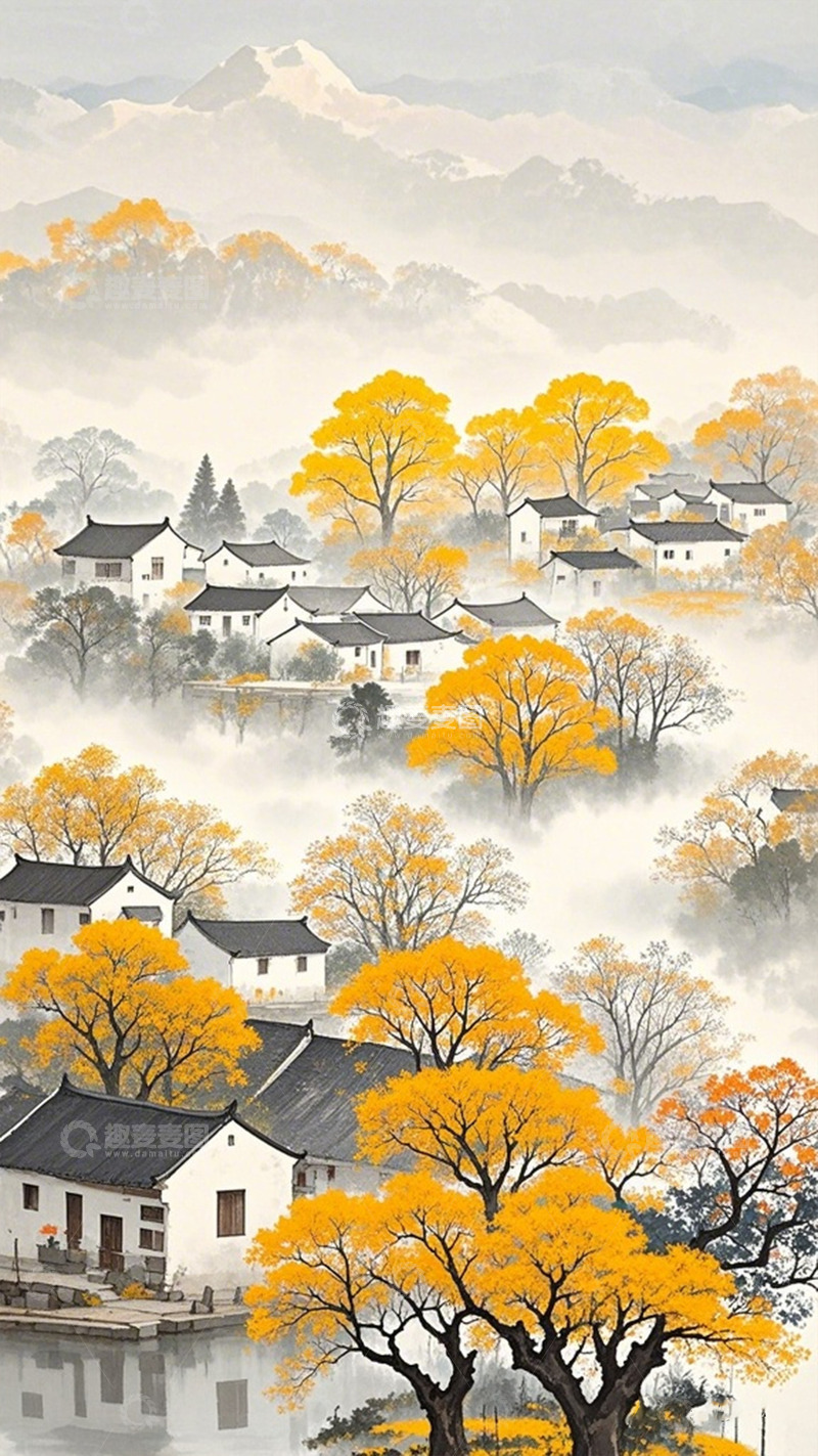 高清大图下载【趣麦麦图】水墨山水乡村秋景