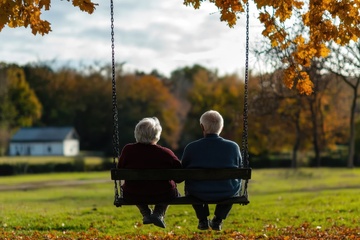 秋季公园里坐在秋千上的老年夫妇