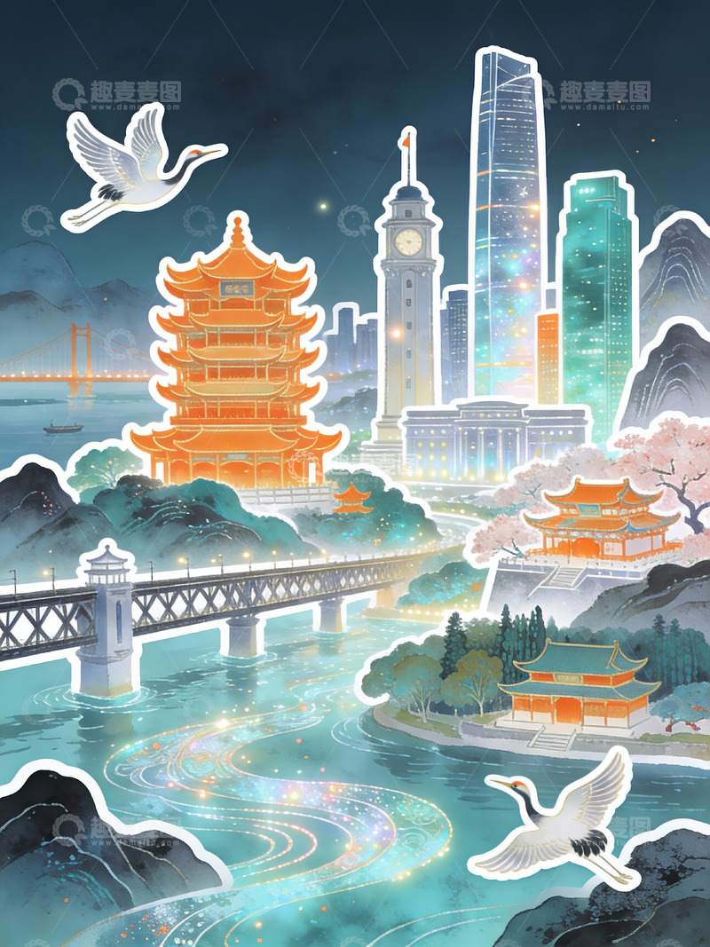 高清大图下载【趣麦麦图】鹤衔流光：名楼拥城，江波缠锦带