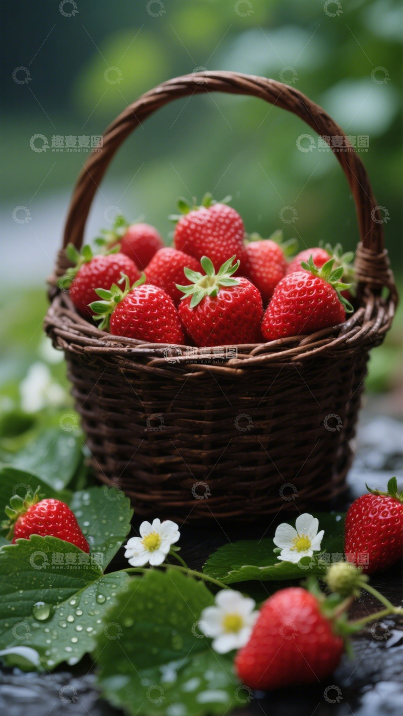 高清大图下载【趣麦麦图】田园风草莓篮子特写摄影