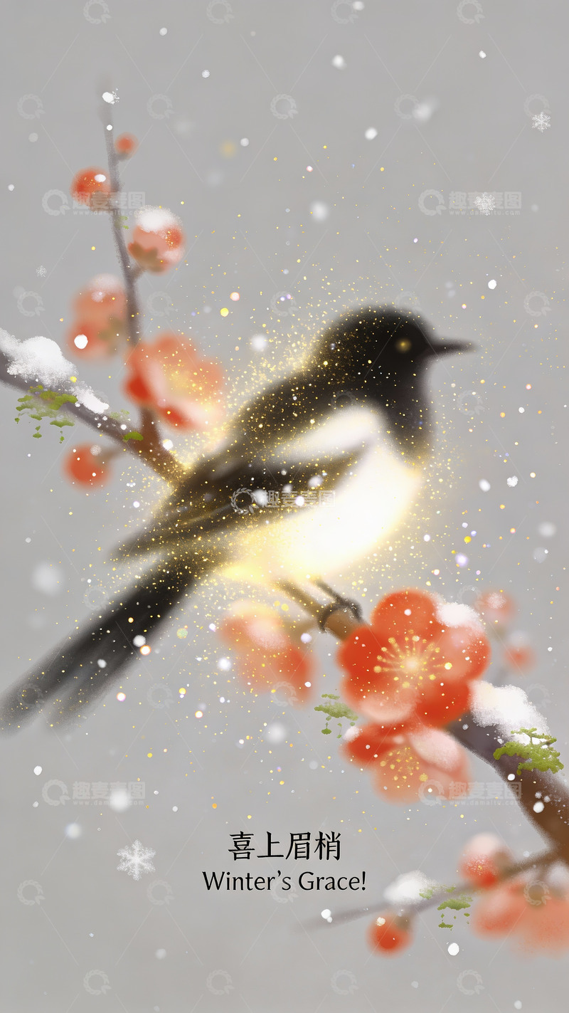 高清大图下载【趣麦麦图】梅雪裹枝，鹊携金芒贺春临