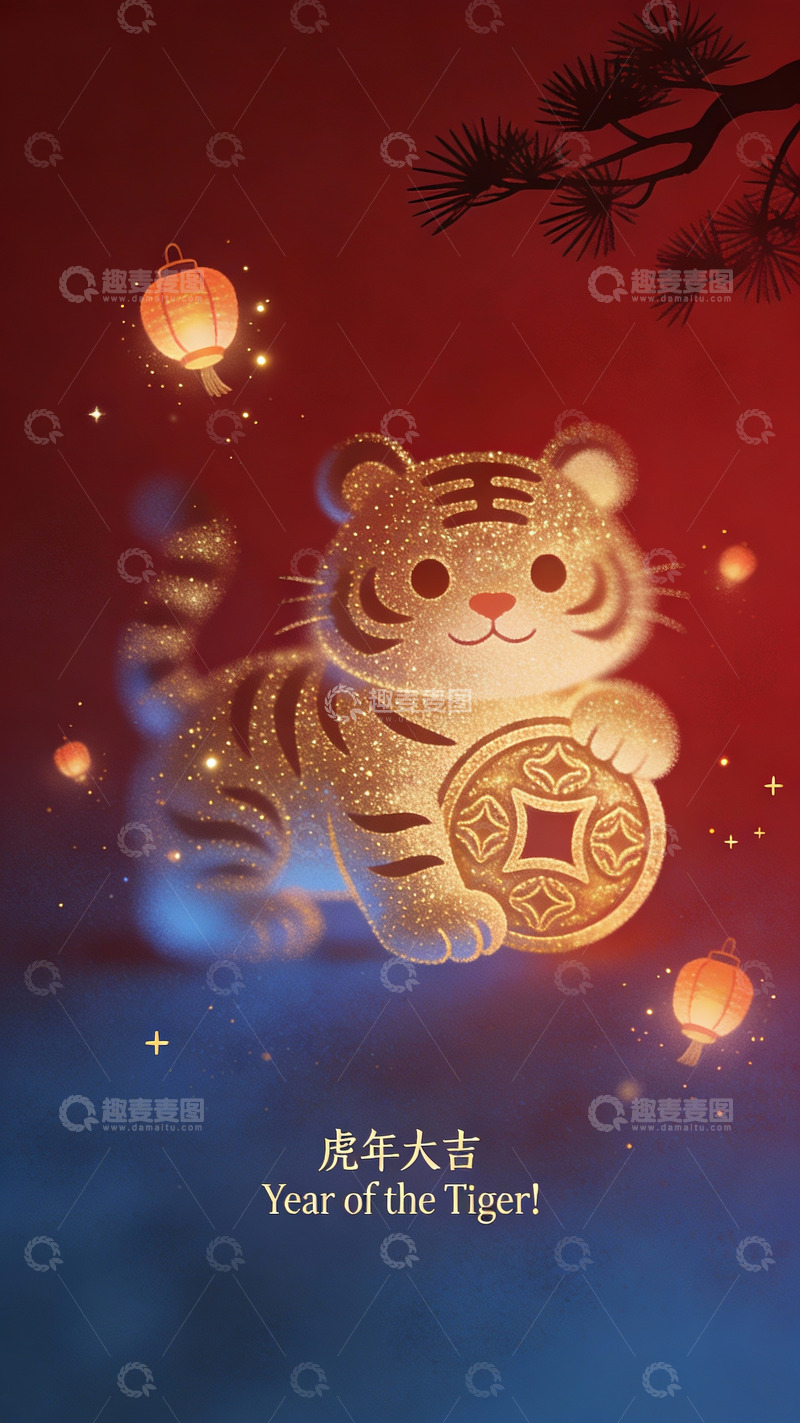 高清大图下载【趣麦麦图】金虎衔财，灯影裹红岁新时2