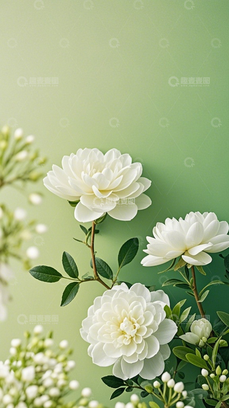 高清大图下载【趣麦麦图】清新白牡丹壁纸插画