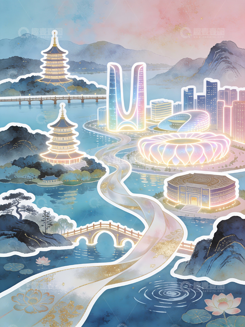 高清大图下载【趣麦麦图】彩练缠波：双塔拥莲，古亭枕湖光