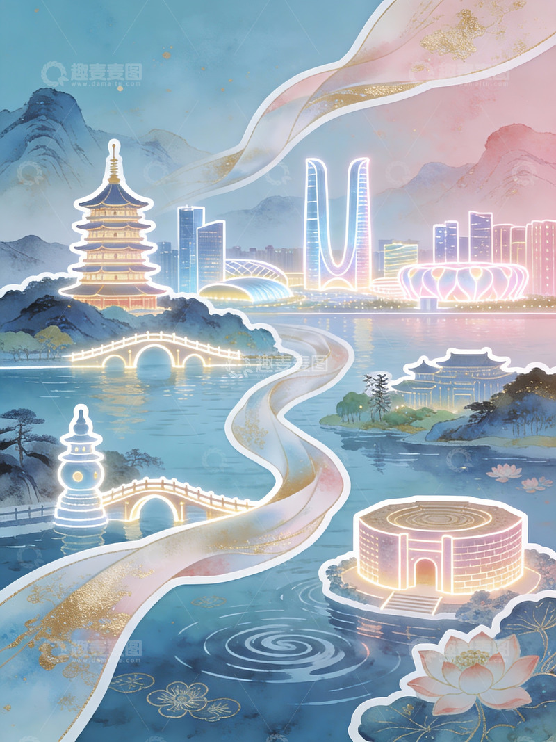 高清大图下载【趣麦麦图】锦带缠波：古塔拥城，莲灯映水色