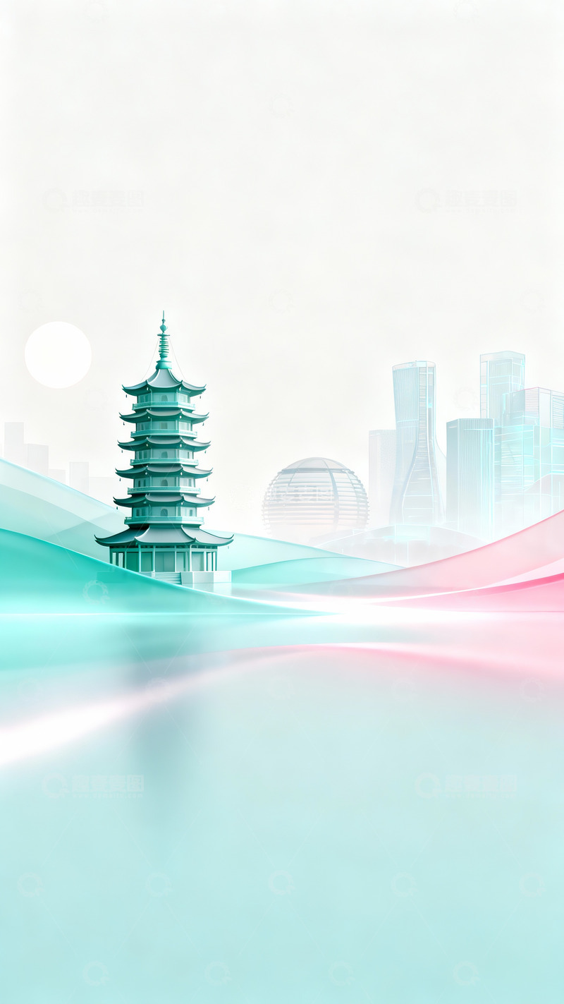 高清大图下载【趣麦麦图】国风建筑与未来都市的共生图景3