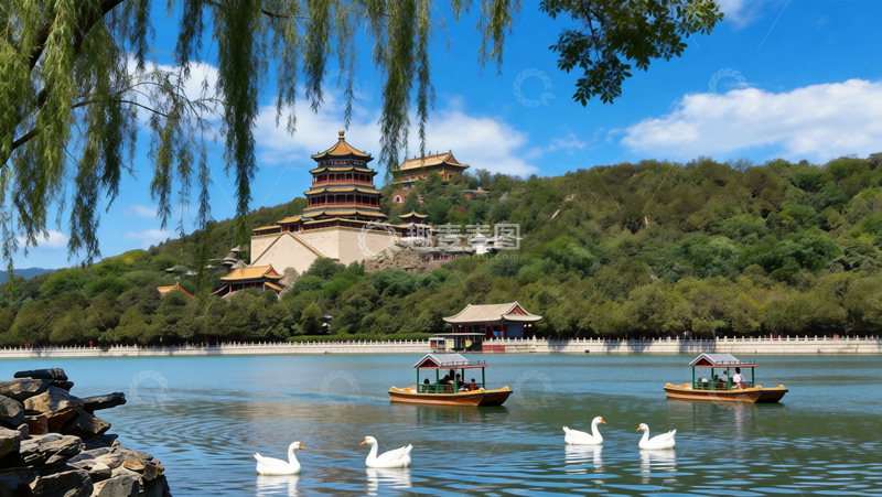 高清大图下载【趣麦麦图】湖边垂柳下古楼藏在青山里