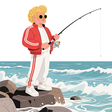动漫风格海边钓鱼插画