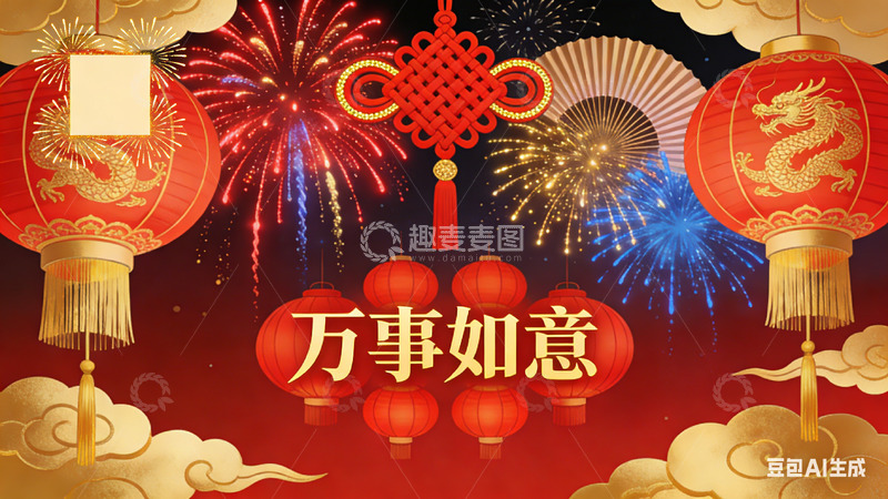 高清大图下载【趣麦麦图】喜庆春节灯笼烟花图案电子屏背景