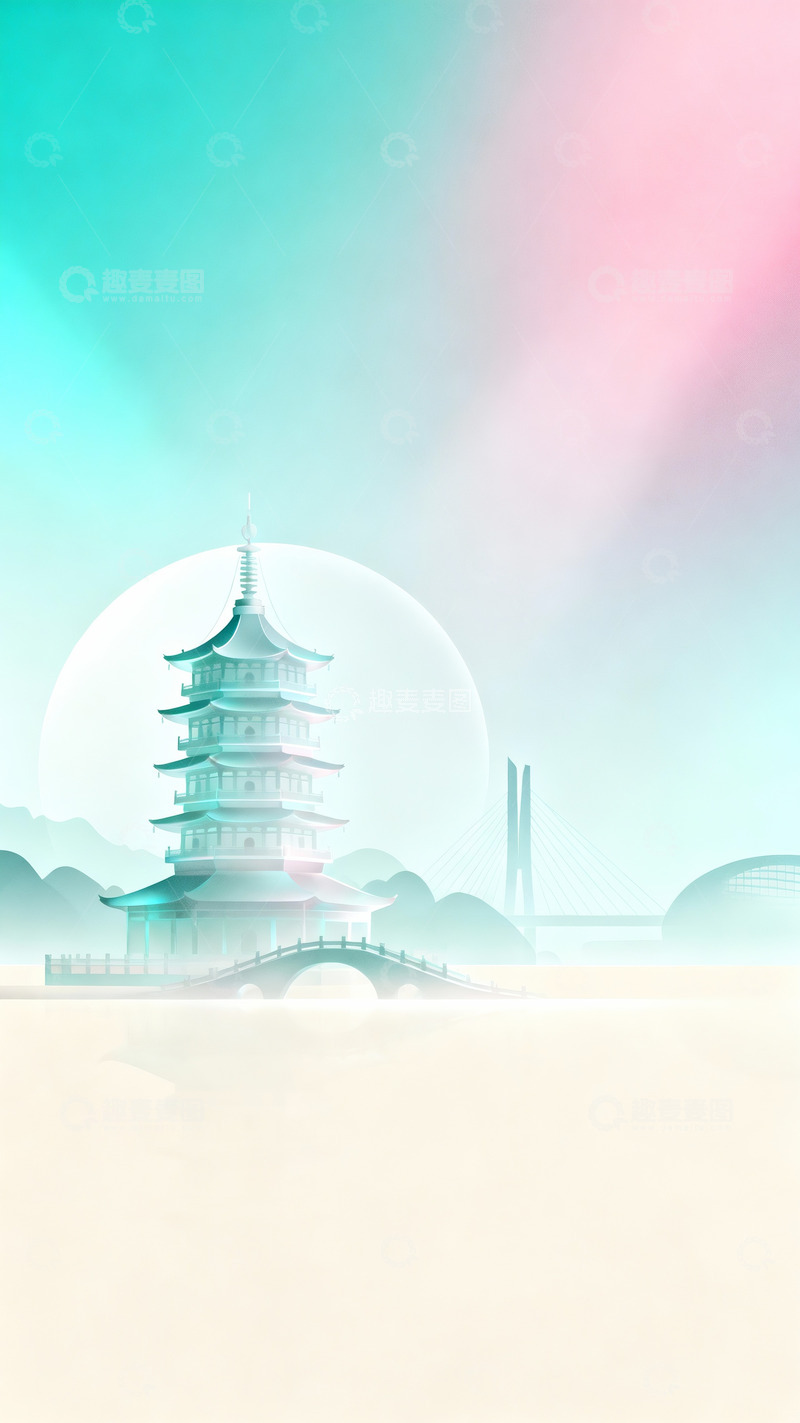 高清大图下载【趣麦麦图】月笼烟渚：古塔长桥映城市新颜