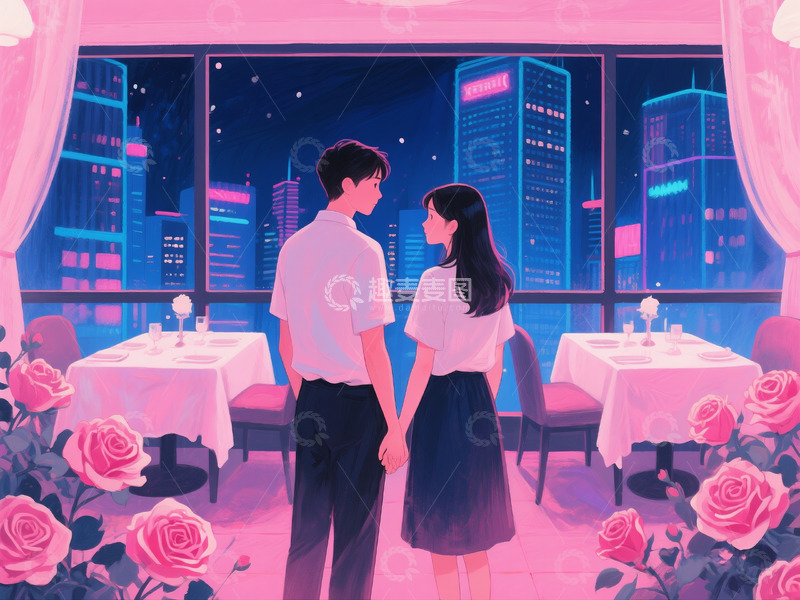 高清大图下载【趣麦麦图】AICG粉色系扁平插画风格情人节情侣