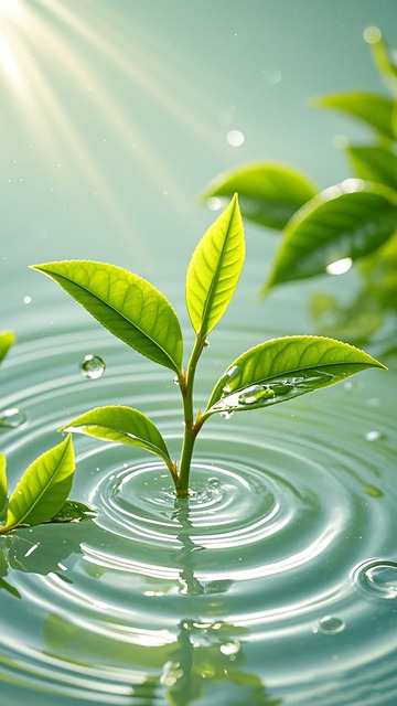 清新绿茶嫩芽水波纹摄影
