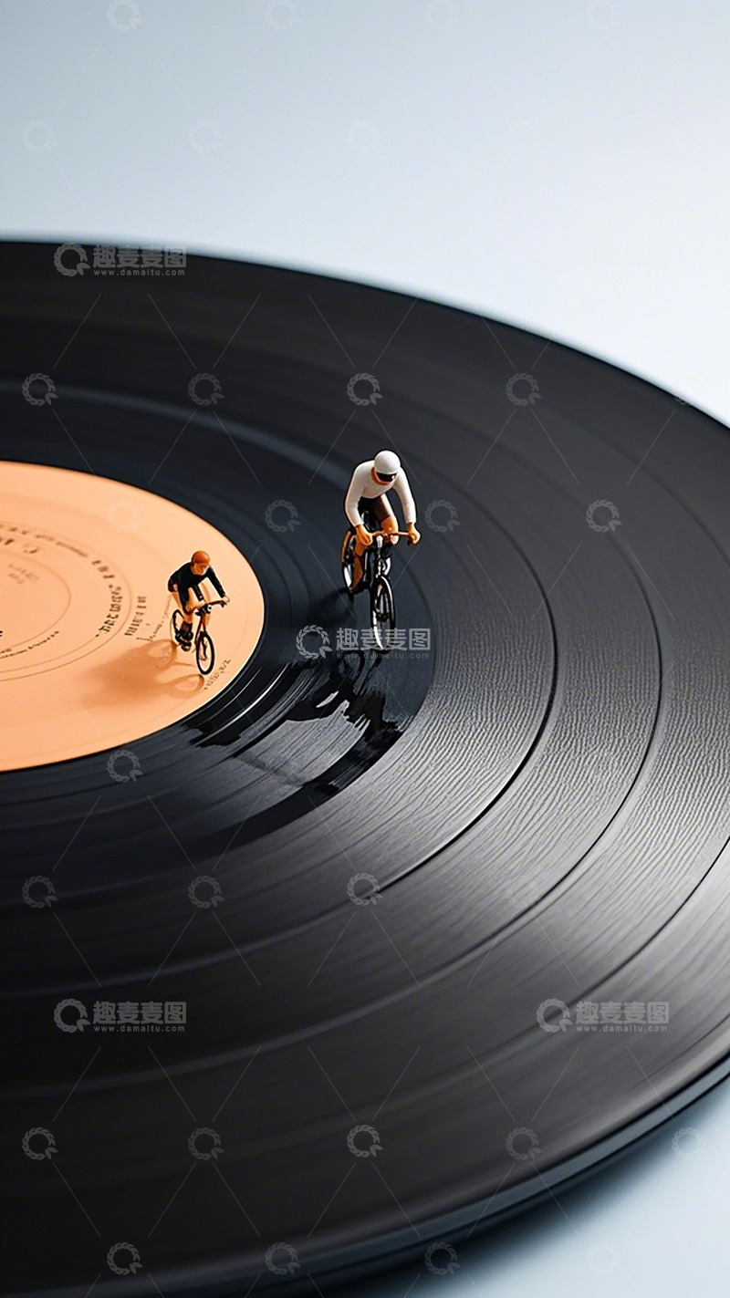 高清大图下载【趣麦麦图】创意微型自行车赛黑胶唱片