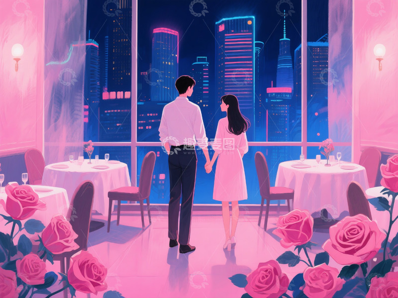 高清大图下载【趣麦麦图】AICG粉色系扁平风格情人节情侣夜晚餐厅