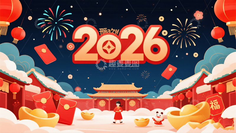 高清大图下载【趣麦麦图】2026年春节庆祝插画