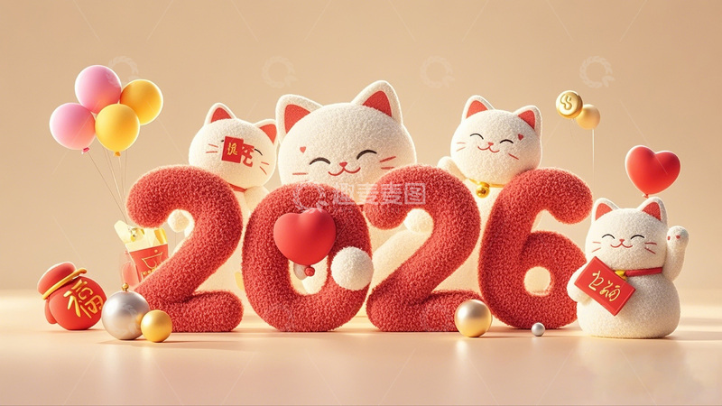 高清大图下载【趣麦麦图】可爱猫咪迎2026新年装饰