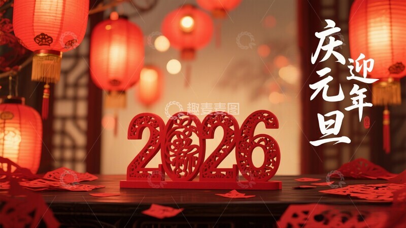 高清大图下载【趣麦麦图】庆元旦红纸剪影2026