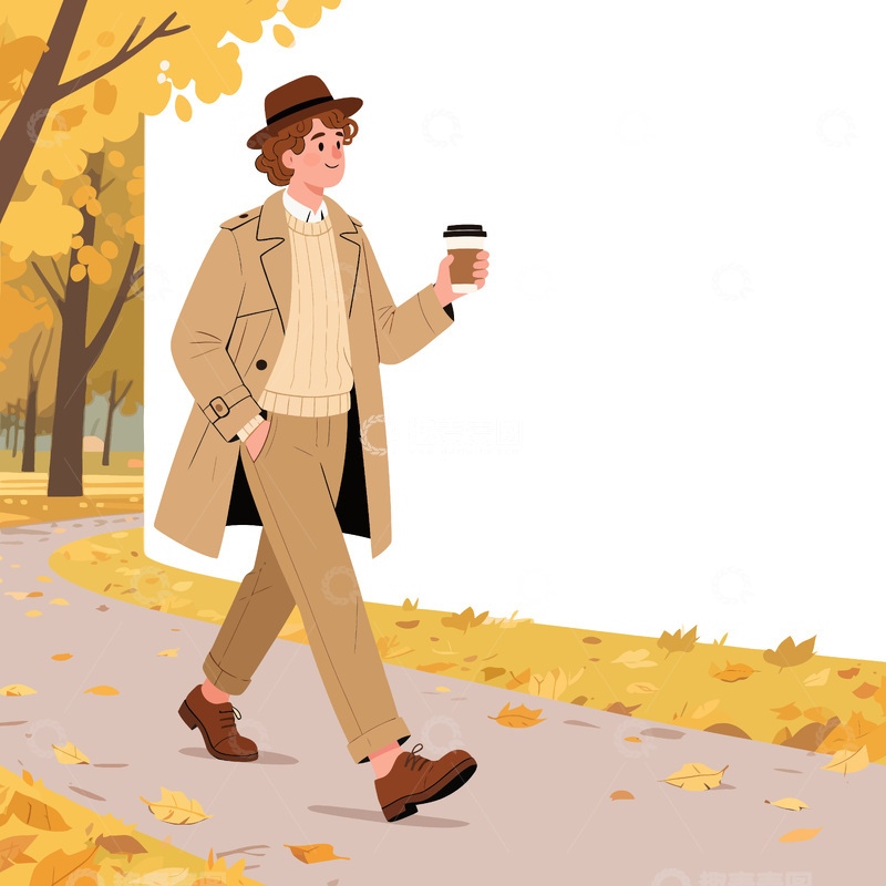 源文件下载【趣麦麦图】秋日漫步插画男士喝咖啡
