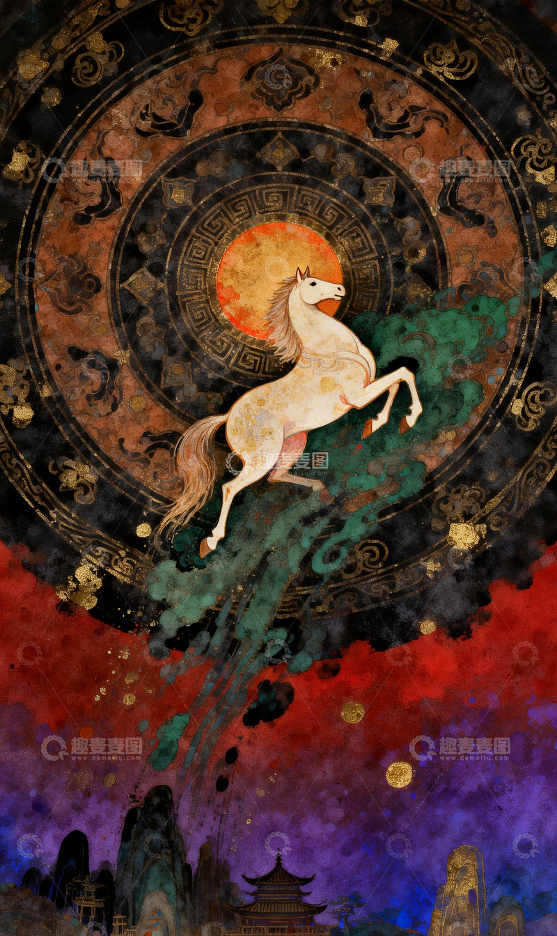 高清大图下载【趣麦麦图】古风骏马祥云神话插画