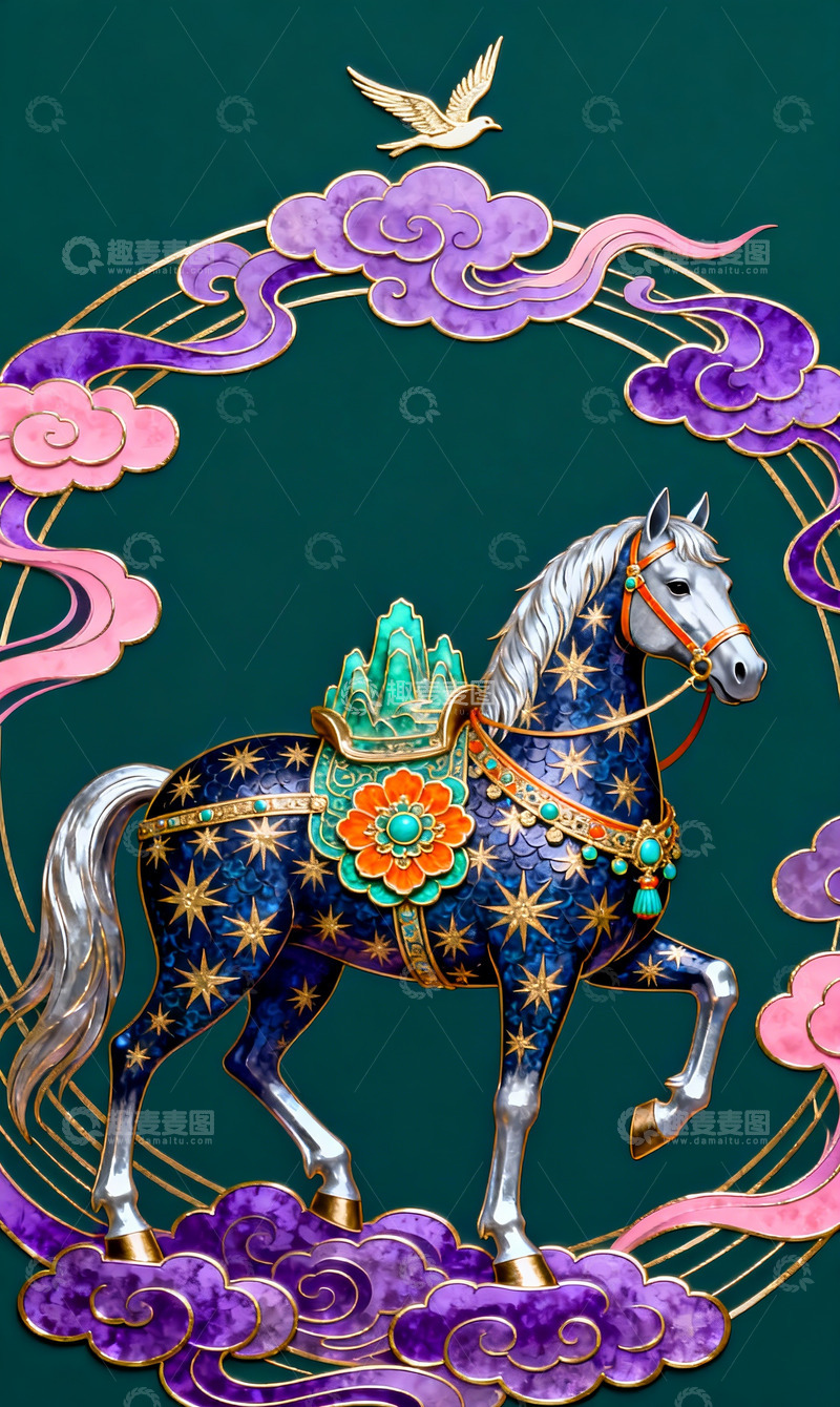 高清大图下载【趣麦麦图】古风彩绘骏马装饰画