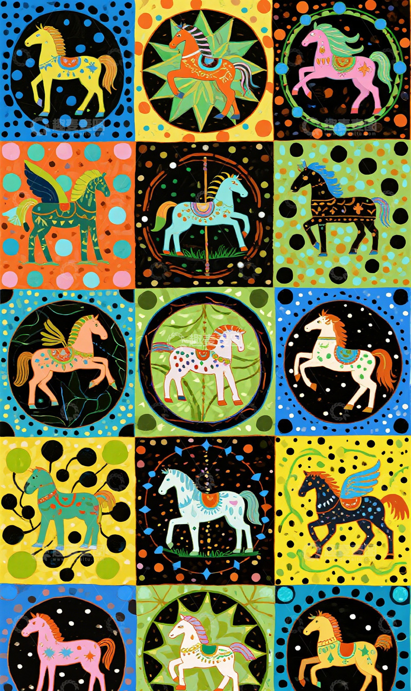 高清大图下载【趣麦麦图】彩绘骏马图案插画设计素材