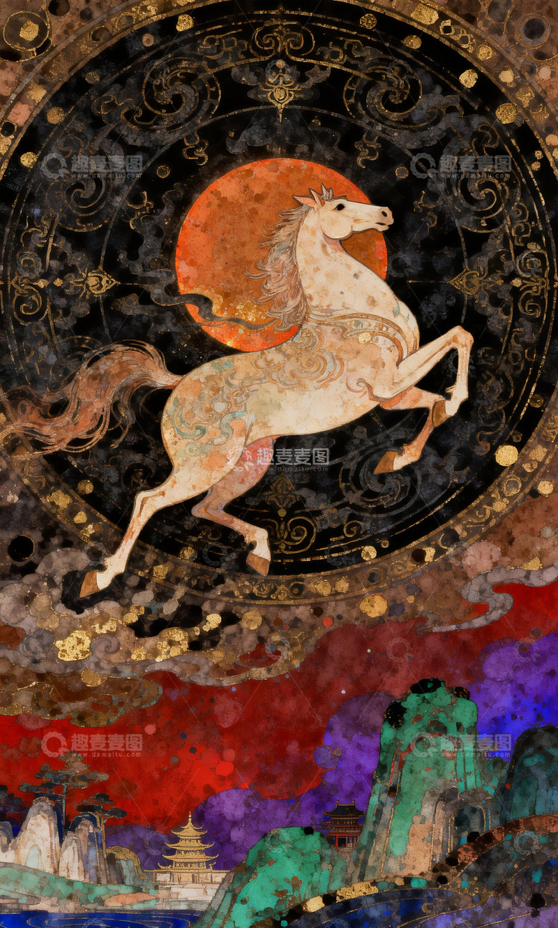 高清大图下载【趣麦麦图】古风骏马太阳山水画