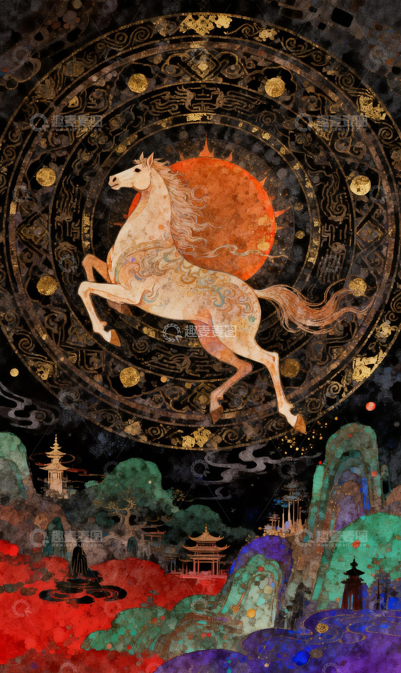 高清大图下载【趣麦麦图】古风神骏腾空图