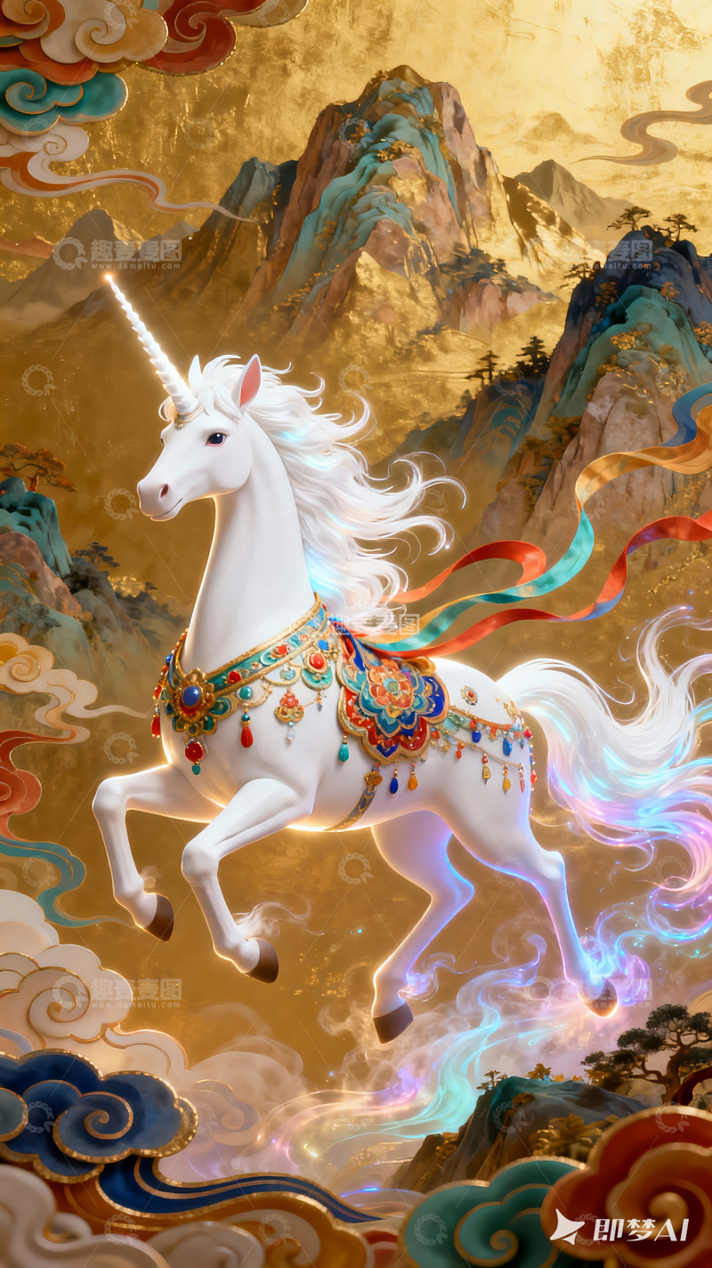 高清大图下载【趣麦麦图】神话独角兽山水插画