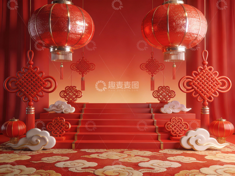 高清大图下载【趣麦麦图】马年喜庆 C4D 中式背景