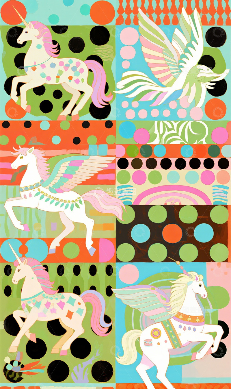 高清大图下载【趣麦麦图】彩绘独角兽插画图案设计素材