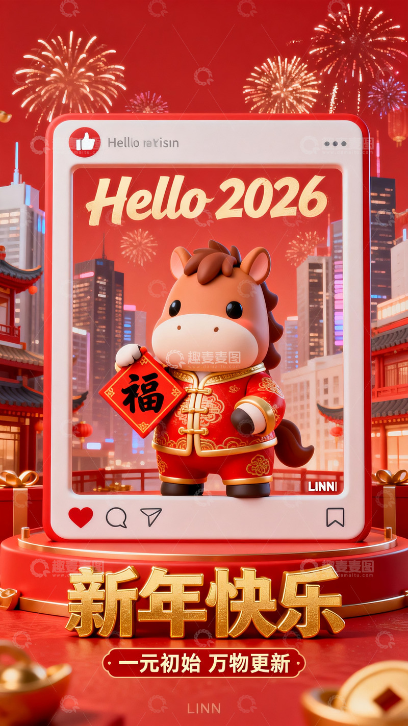 高清大图下载【趣麦麦图】-萌马送福的红金喜庆数字海报