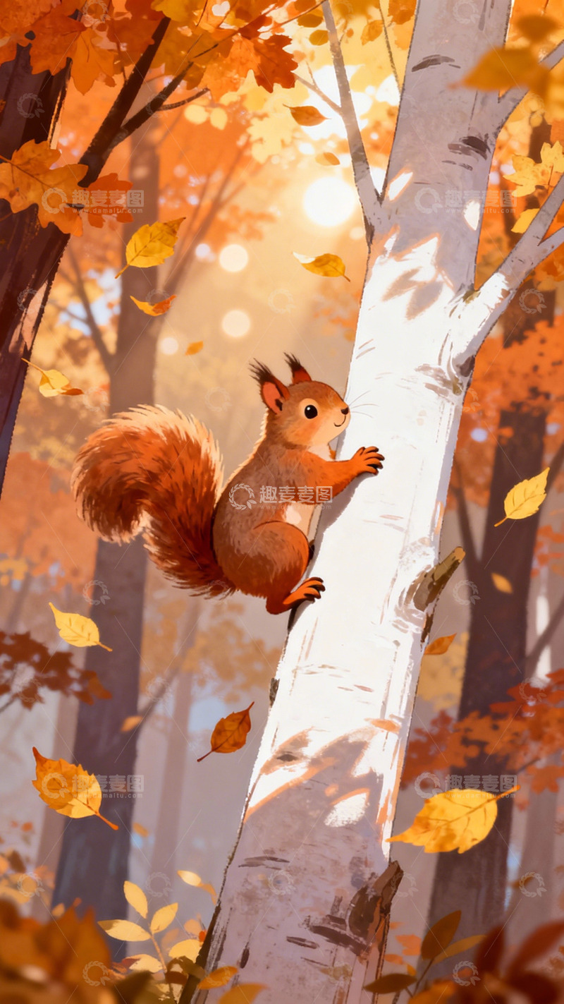 高清大图下载【趣麦麦图】秋日森林松鼠插画