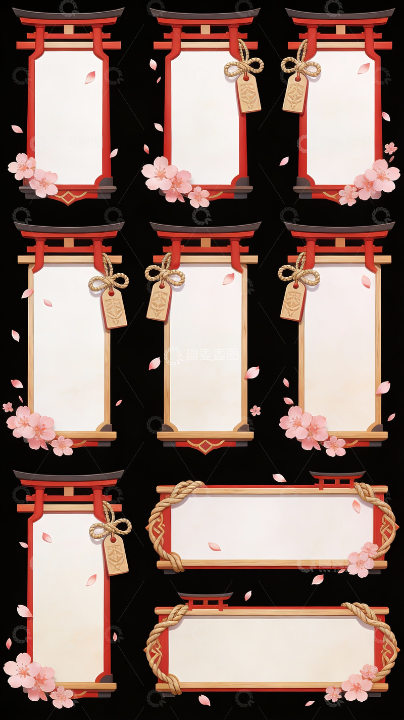 高清大图下载【趣麦麦图】和风樱落的神社式装饰边框集