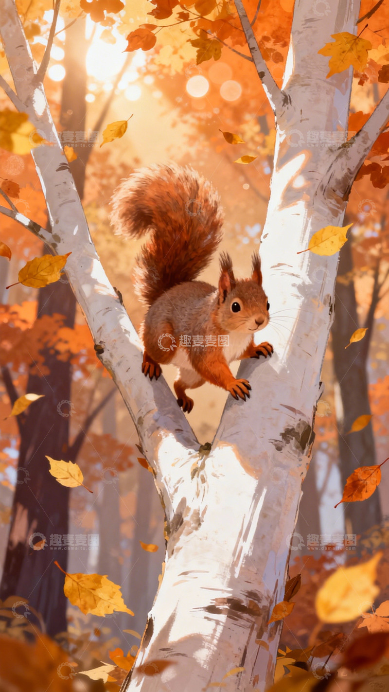 高清大图下载【趣麦麦图】秋日森林松鼠插画