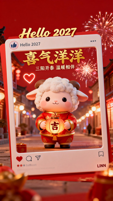 2027羊年：萌羊提灯的喜气洋洋新年海报