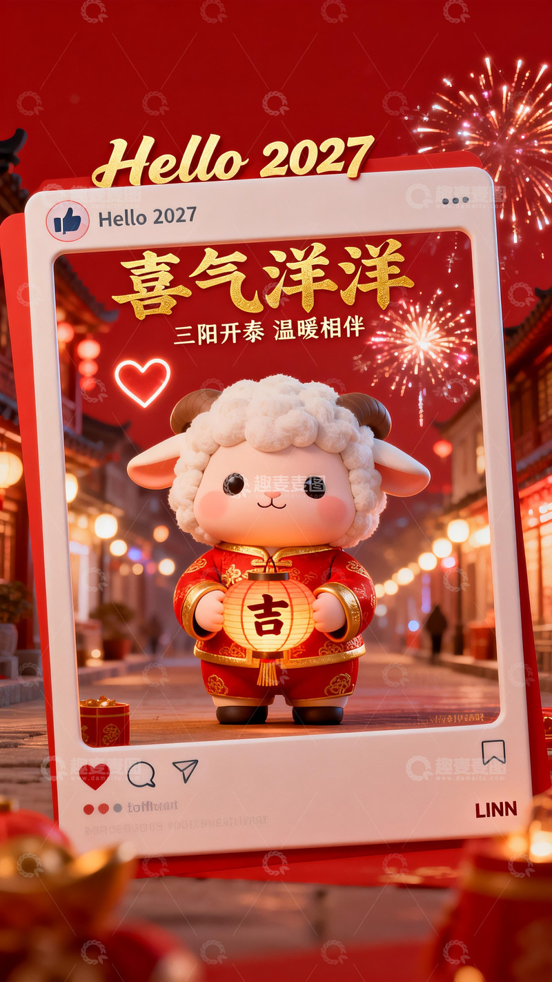 高清大图下载【趣麦麦图】2027羊年：萌羊提灯的喜气洋洋新年海报