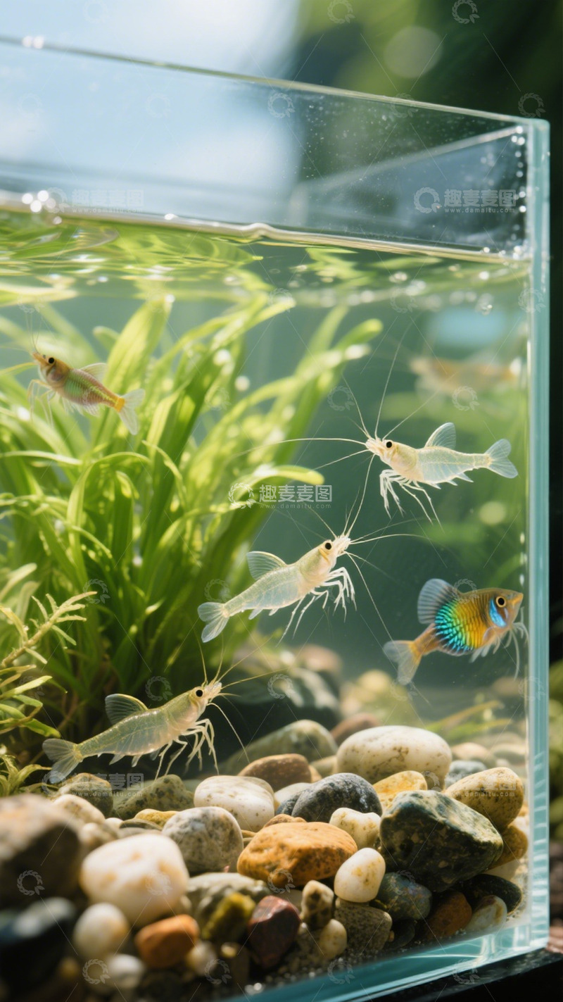 高清大图下载【趣麦麦图】清澈水族箱观赏虾鱼共养