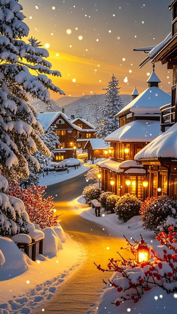 冬日雪村夜景暖光