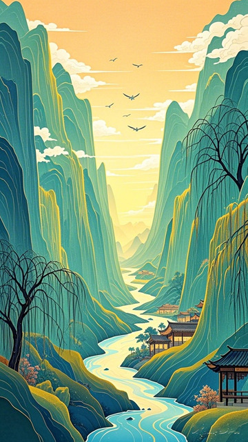 东方山水画风景插画