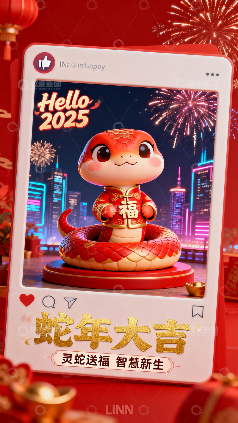高清大图下载【趣麦麦图】2025灵蛇送福：新年萌系数字海报